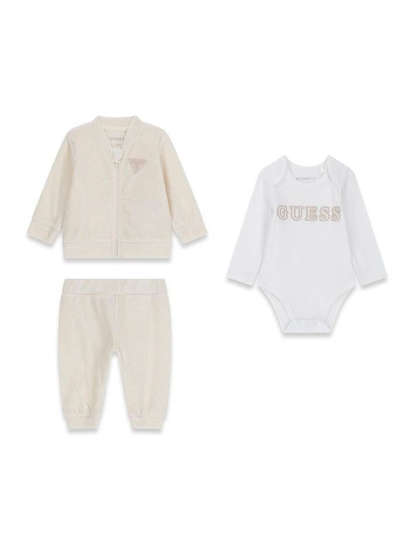Комплект горнище с цип и боди за бебе Guess в кремаво