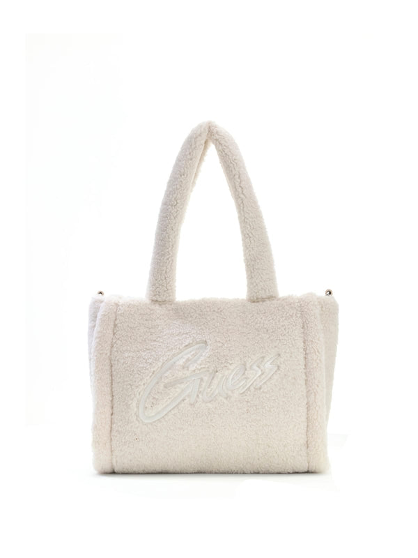 Чанта тоут от тедди материя за момиче Guess в кремаво