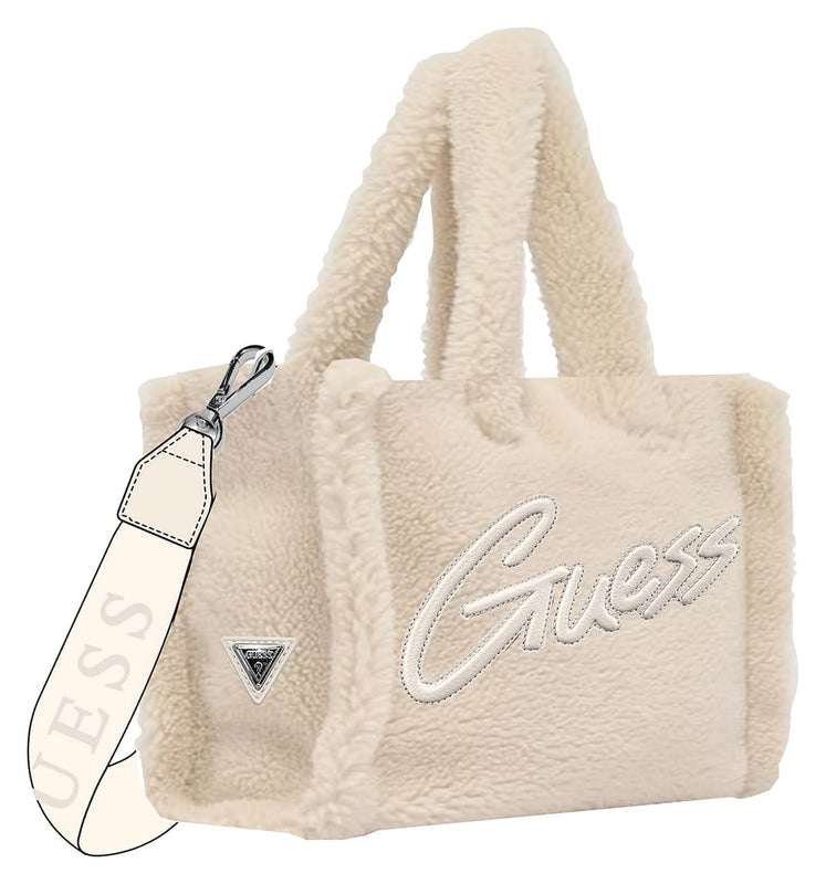 Чанта тоут от тедди материя за момиче Guess в кремаво