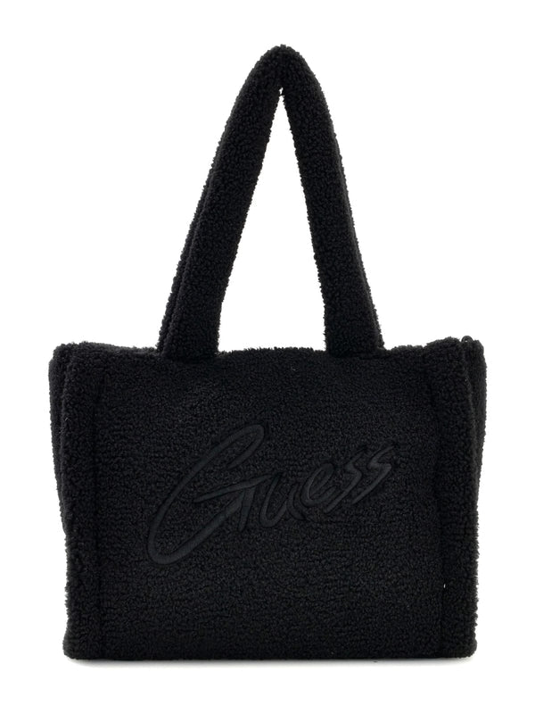 Чанта тоут от тедди материя за момиче Guess в черно