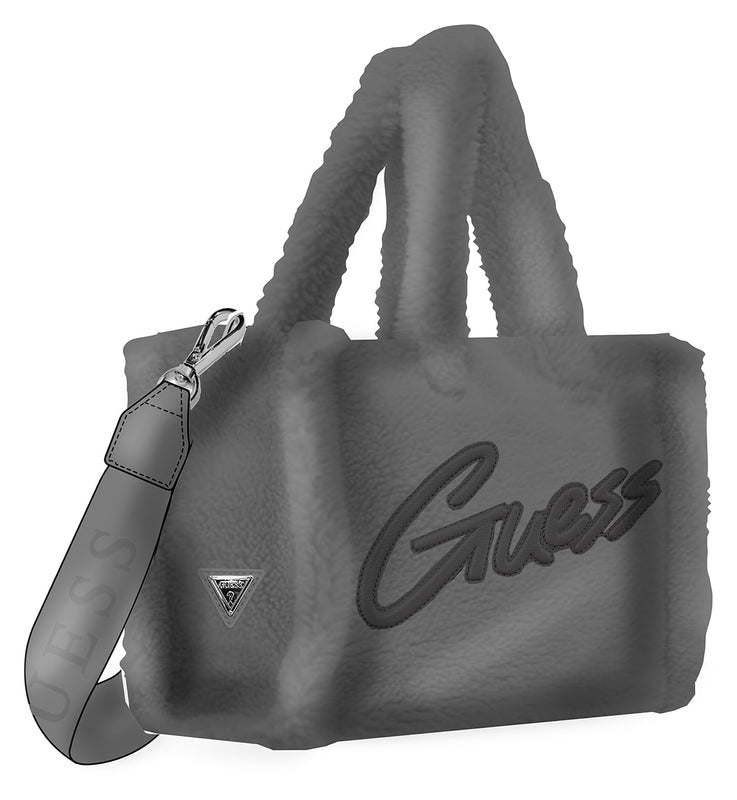 Чанта тоут от тедди материя за момиче Guess в черно