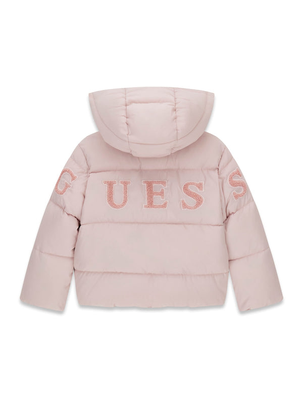 Капитонирано яке с качулка и цип за момиче Guess в лилаво