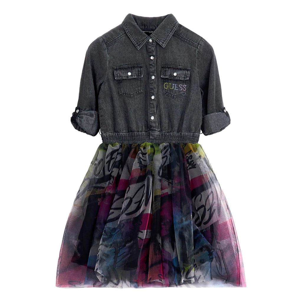 Dark gray denim and tulle dress for girl Guess